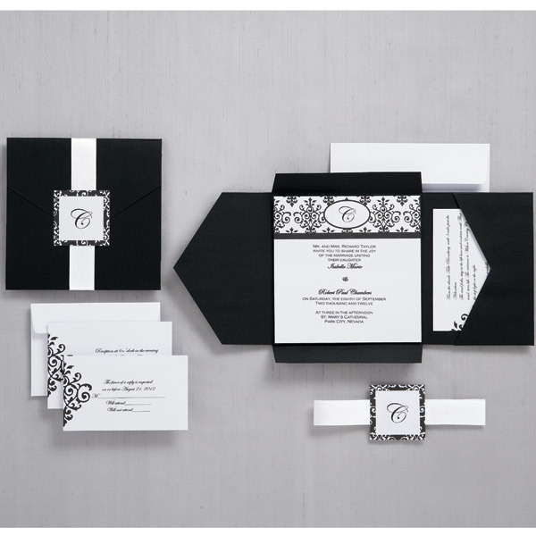 Wilton Wedding Stationary Black And White Scroll Monogram Pocket Wedding Invite
