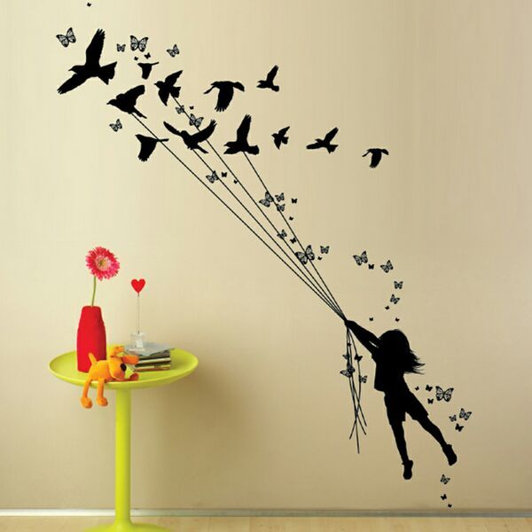 dcwv home – wall art – black vinyl – girl with birds & butterflies